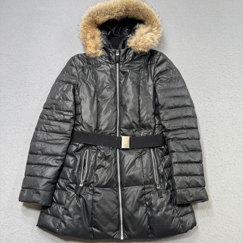 Danier Down Puffer Parka Coat Womens XS Black Belted Fur Trim Hood Quilted